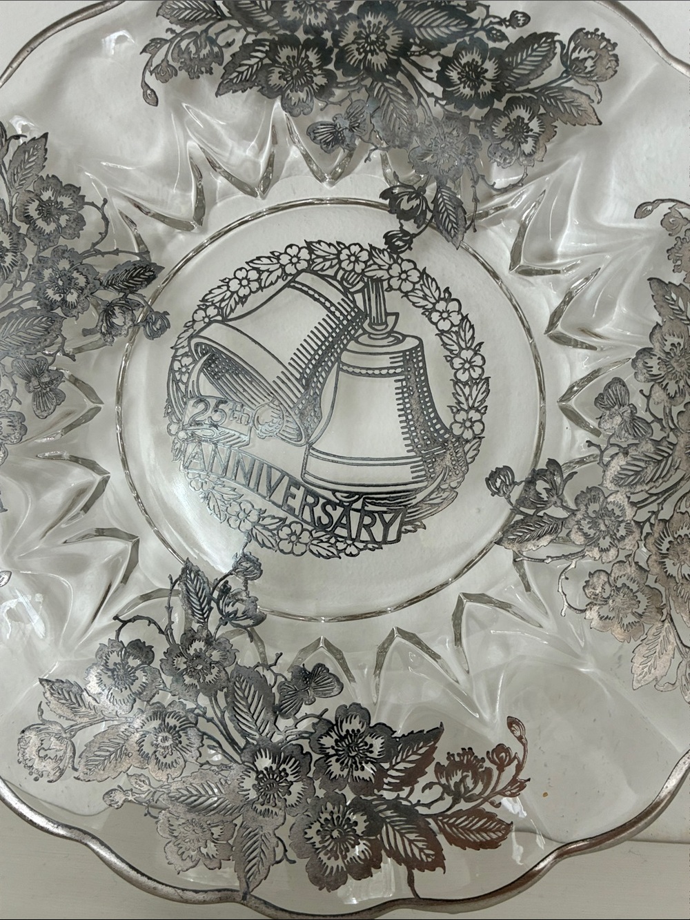 Clear Glass 25th Anniversary Decorative Plate - Silver Floral Design